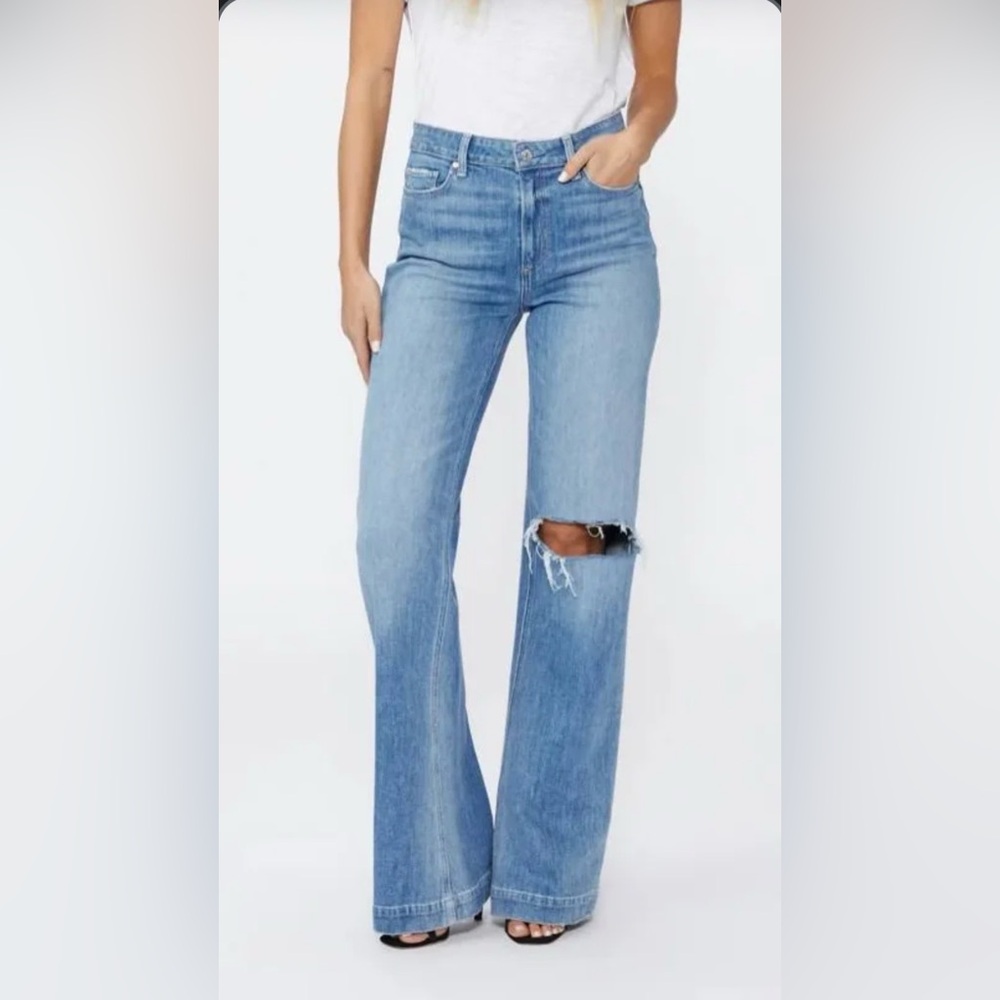 Paige Leenah Wide Leg Distressed Knee Jeans